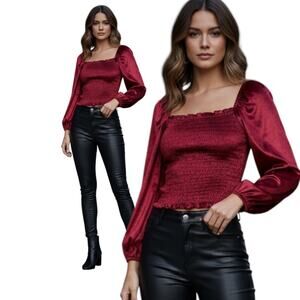 BAGATELLE TOP Size L Red Wine Crop Velvet Prairie Smocked Blouse Holiday Wear